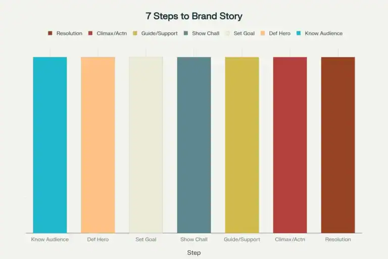 Brand story chart: 7 steps (audience, hero, goal, challenge, support, climax, resolution)